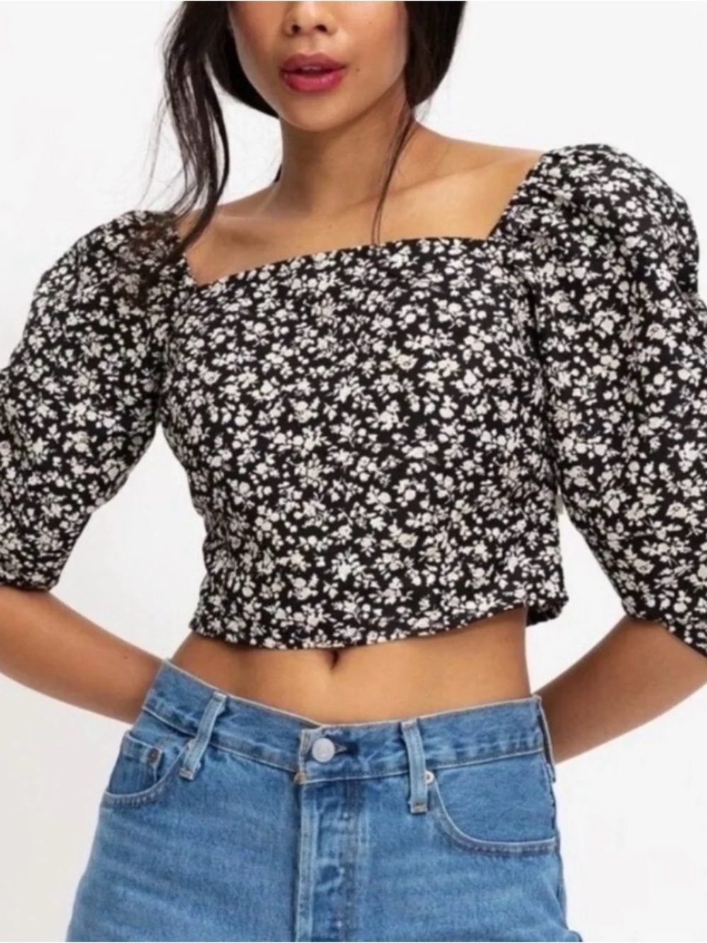Levi’s Cropped Yvie 3/4 Puff Sleeve Floral Blouse Black Cream Size Large